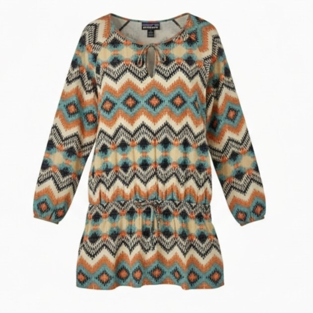 Patagonia Kamala Aztec Drop Waist Smocking Peplum Top SZ L Long Raglan Sleeve